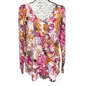 Chico’s Long Sleeve V-neck Pullover Sweater Size 1/M Floral Multi Fine Knit EUC